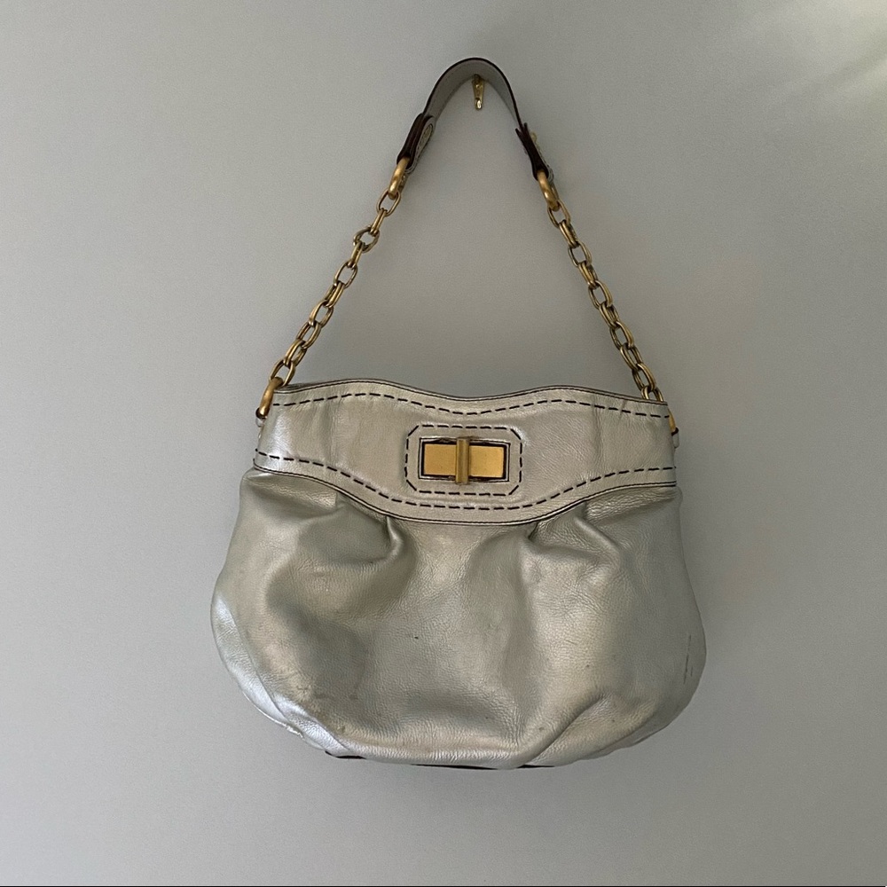 MAXXIMUM Silver Leather Shoulder Purse Gold Hardware